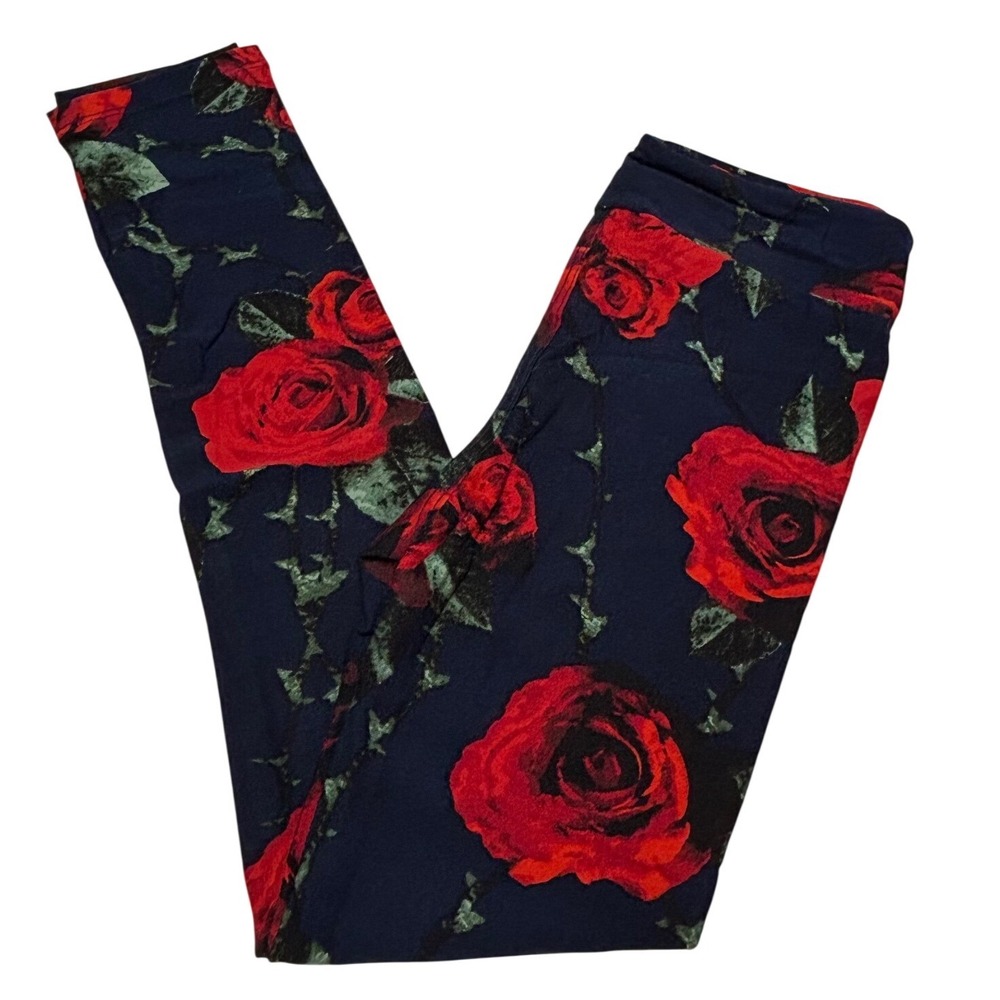 LuLaRoe Girls Leggings Size L/XL Black Red Floral Roses Kids Sizes 7-12 NWT